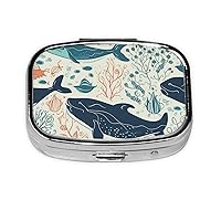 Underwater Whale Print Pill Box Square Metal Pill Case with 2 Compartment Portable Travel Pillbox Cute Mini Medicine Organizer for Pocket Purse