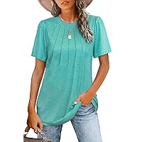 Womens Tops Summer Short Puff Sleeve Pleated Shirts Casual Loose Tshirts Trendy 2024