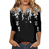 Womens Graphic Tees Casual Trendy 3/4 Length Sleeve T Shirts Plus Size Summer Tops Dressy Button Down Blouses
