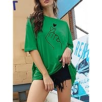 Women's T-Shirt Hand and Heart Print Drop Shoulder Oversized Tee (Color : Green, Size : Medium)