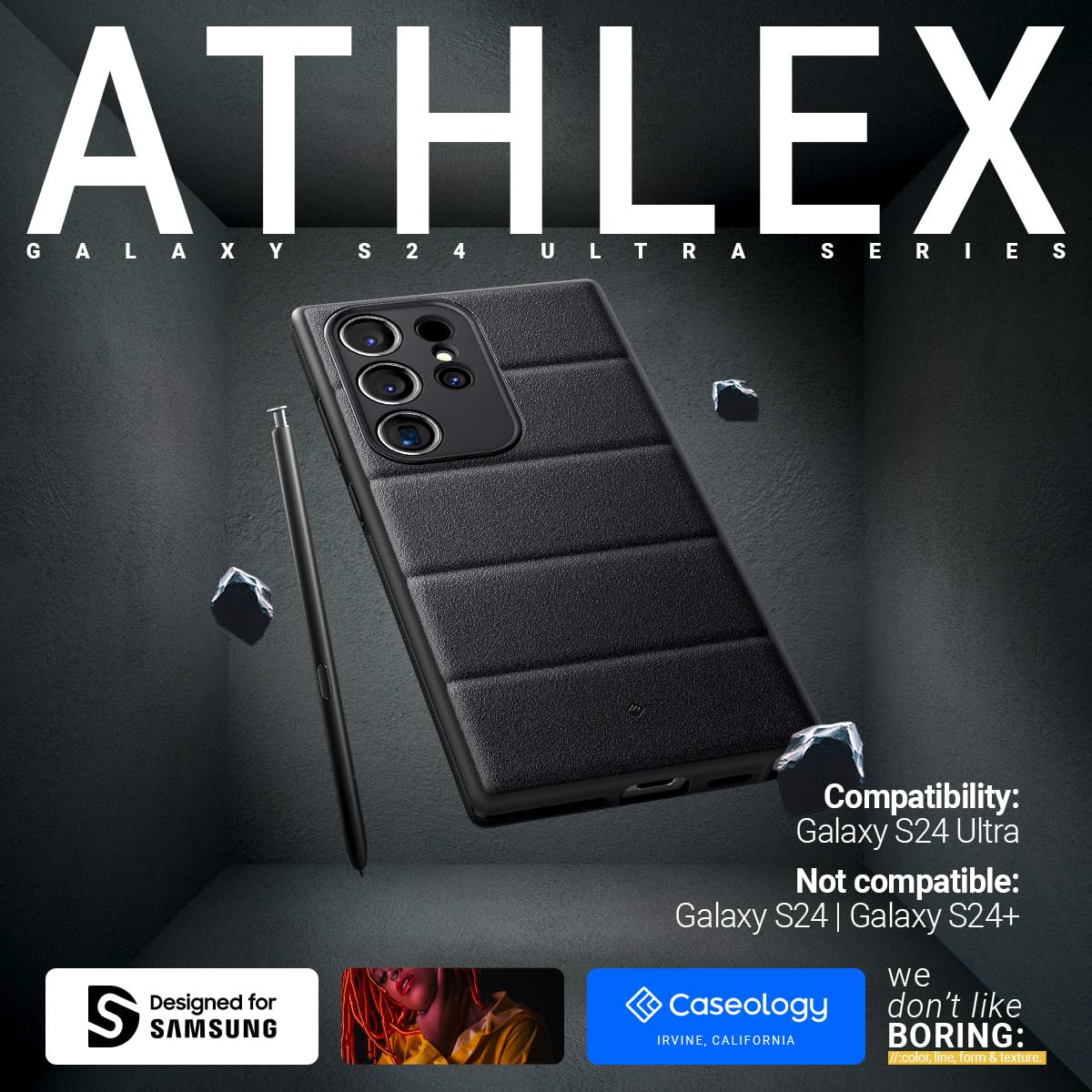 Caseology Athlex Case Compatible with Samsung Galaxy S24 Ultra Case, [Grippable Protective Case] Military Grade Drop Tested (2024) - Active Black