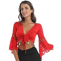 ACSUSS Women's Indian Style Tassel Bead Shawl Belly Dance Crop Top Wrap Tied up Shrugs Cardigan