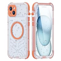 Waterproof Case for iPhone 15-360 Full Body Shockproof Protection [IP68 Underwater][Built-in Screen][Compatible with MagSafe] Fully Sealed Translucent Matte Cover. (Orange)