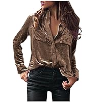 Women Classic Lapel Collar Button Down Velvet Shirts Casual Fashion Long Sleeve Solid Velour Blouse Tops with Pocket