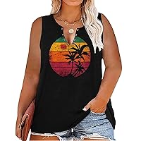 Plus Size Summer Coconut Tree Tank Tops Women Ring Hole V-Neck Beach Vacation Graphic Tanks Shirts Vest