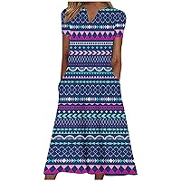 Summer Ethnic Print Fashion Short Sleeve Tunic T-Shirt Dress for Women Casual V-Neck Mid Beach Dress for Going Out