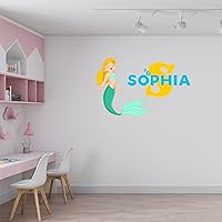 Custom Name Sticker with Cartoon Mermaid to Baby Girl Room Decorations - Mermaid Design On Nursery Decals - Customize Girls Name Lettering Decals for Baby Wall Decor 35x35 inches inches