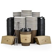 LITOPAK 100 Pack 12 oz Paper Coffee Cups, Brown Disposable Coffee Cups with Lids, Sleeves, Sticks, Drinking Cups for Hot Coffee, Water or Juice, Hot Paper Cups for Home, Restaurant, and Store.