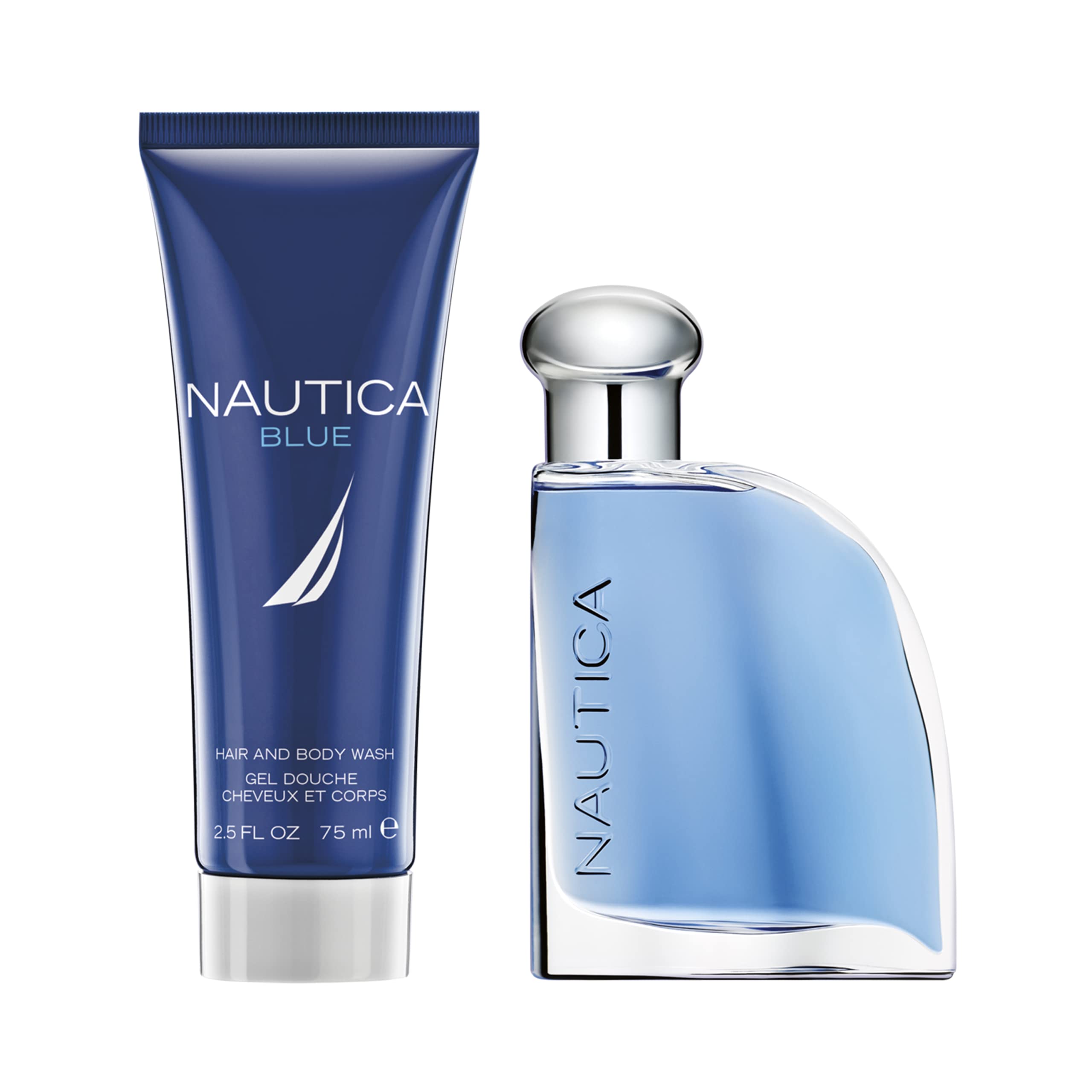 Nautica Blue 3 piece Gift Set for Men - 1.6 oz Eau De Toilette Spray + 2.5 oz Hair and Body Wash + Toiletry Bag