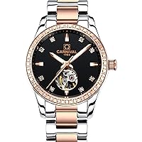Carnival Womens Skeleton Automatic Machine Rose Gold Stainless Steel Sapphire Waterproof Black Watch