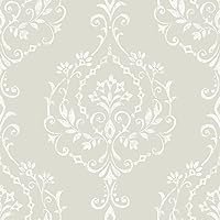 RoomMates RMK12259PL Taupe New Damask Peel and Stick Wallpaper, Neutral