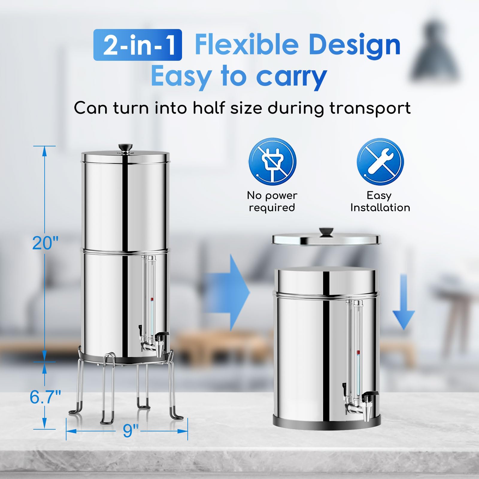 Purewell 8-Stage 0.01μm Ultra-Filtration Water Filter System, 304 Stainless Steel Countertop System with 4 Filters, Metal Water Level Spigot and Stand, Reduce Fluoride and Chlorine, 2.25G, PW-OB-CF