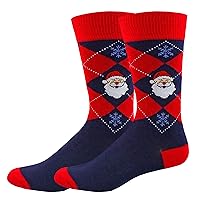 Pair of Men's Christmas Santa Argyle Snowflake Pattern Novelty Crew Socks - Navy Blue/Red