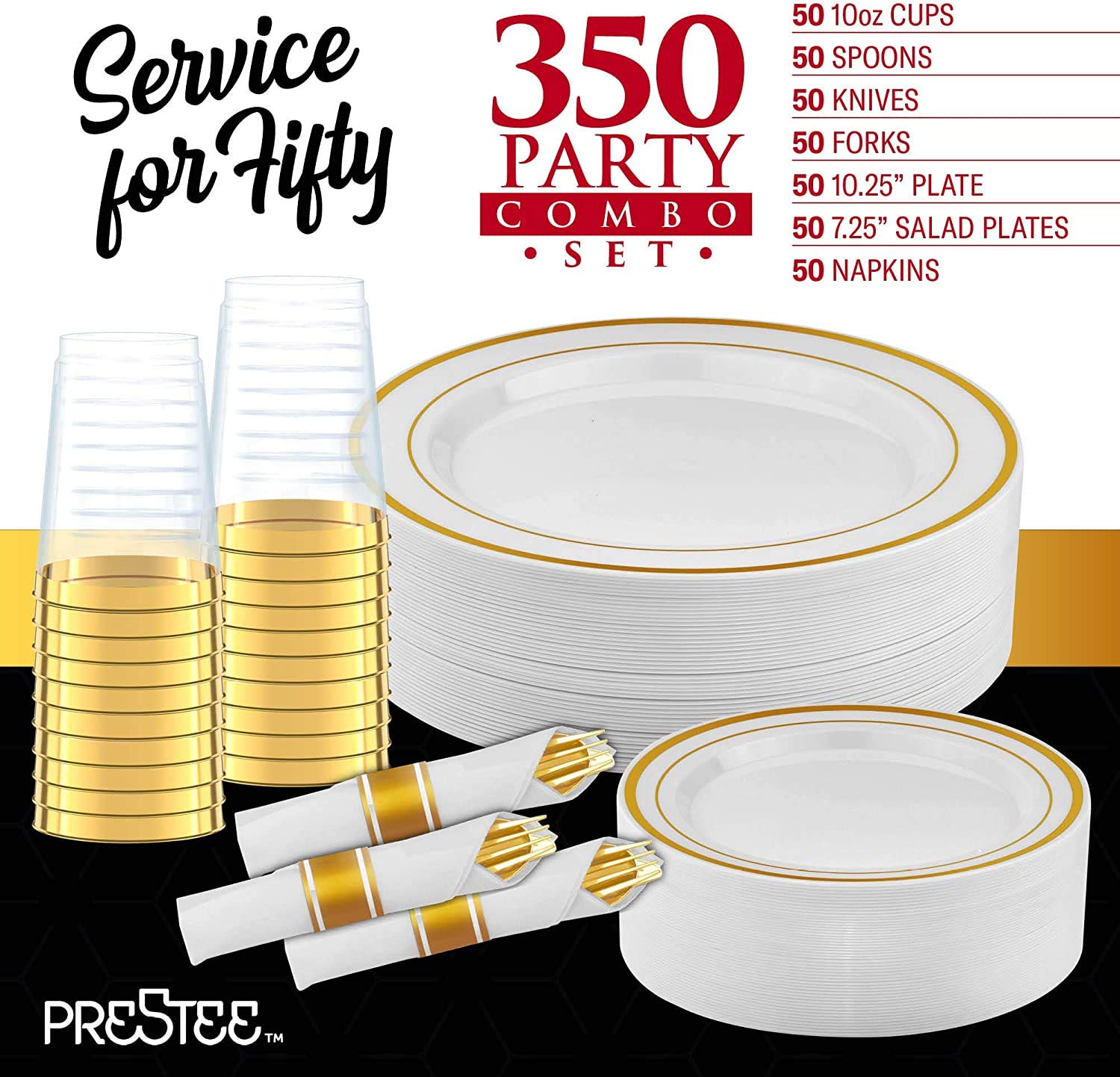 350 Piece Gold Dinnerware Set | 50 Guest | Party Supplies | Disposable Silverware Sets |100 Gold Rim Plastic Plates, 50 Pre-Rolled Linen Feel Napkins, Spoons, Forks, Knives, 50 Gold 10 oz Plastic Cups