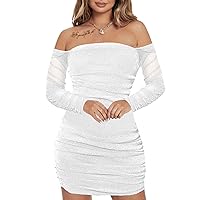 LilyCoco Women's Off Shoulder Glitter Dress Mesh Long Sleeve Ruched Bodycon Mini Dresses White Medium