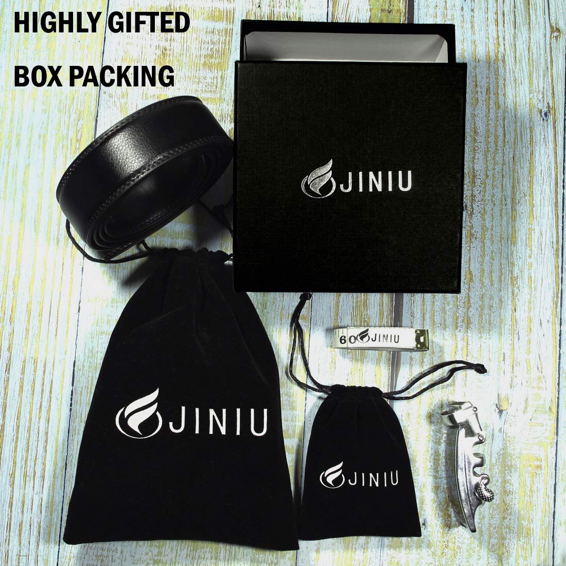 JINIU Men's Real Leather Ratchet Dress Belt with Automatic Buckle 35mm Black Belts Boxed