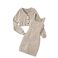OYOANGLE Girl's 2 Piece Set Rib Knit Long Sleeve V Neck Button Front Jacket and Sleeveless Tank Dress