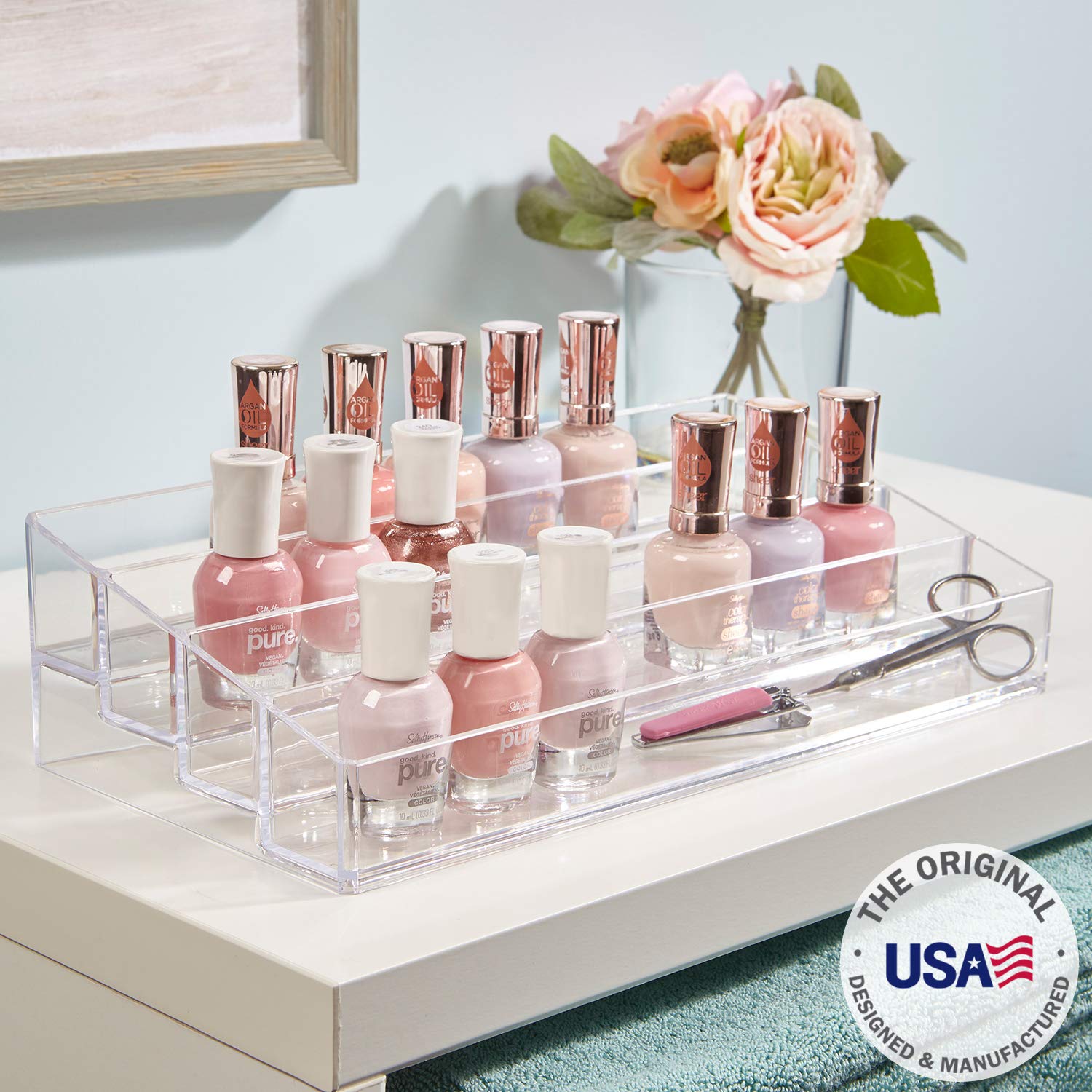 STORi Clear Plastic Multi-Level Vanity Organizer | Rectangular 4-Tier Holder for Makeup, Eyeshadow Palettes, & up to 40 Nail Polish Bottles | Made in USA