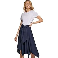 DKNY Women's Mixed-Media Tie-Front Short Sleeve Knit Dress