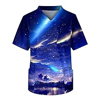 Shirts for Men 2024 Fashion Short Sleeve V Neck Star Print Chest Work Top with Pocket