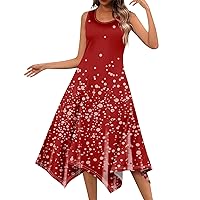 Summer Dresses Long Vintage Dress for Women 2024 Floral Print Casual Flowy Elegant Slim Fit with Sleeveless Round Neck Swing Dresses Red Large