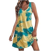 Dresses for Women 2024 Summer Trendy Tie Dye Beach Dress Casual V Neck Sleeveless Sundress with Pockets Loose Tank Mini Dress