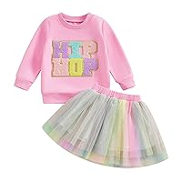 Toddler Kids Baby Girl Easter Outfit HIP HOP Embroidery Long Sleeve Sweatshirt Tops Tulle Tutu Dress 2Pcs Skirt Set