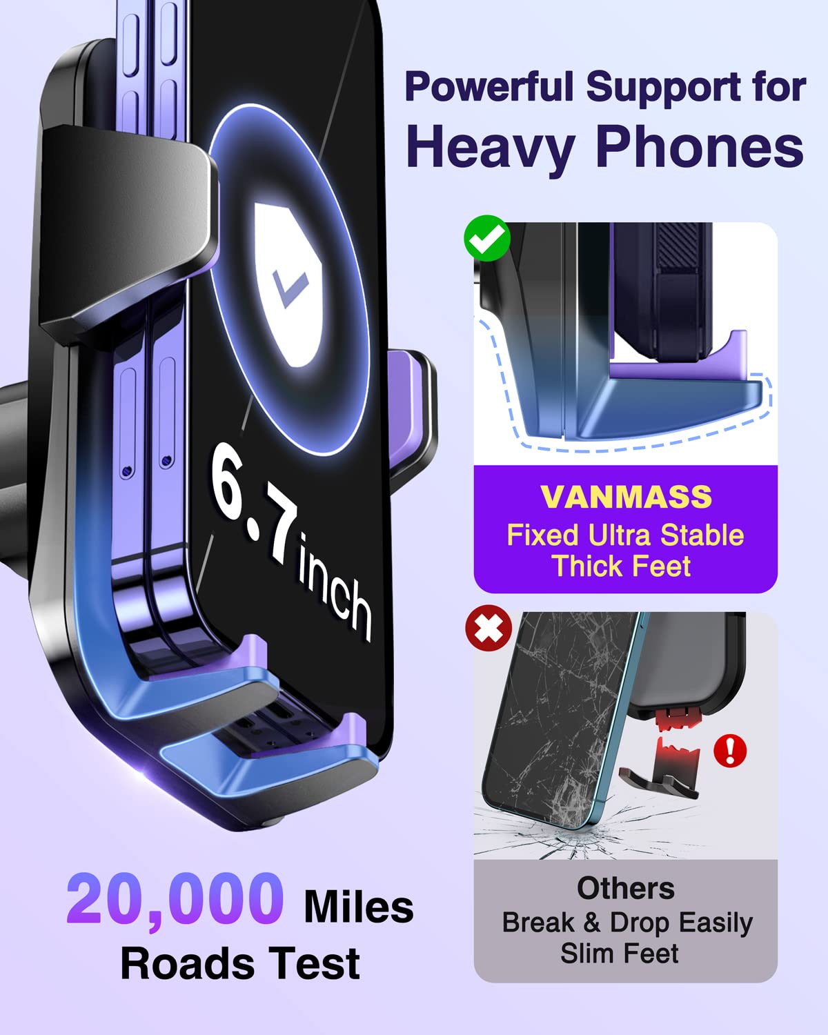 VANMASS Universal Car Phone Mount,【Patent & Safety Certs】 Upgraded Handsfree Dashboard Stand, Phone Holder for Car Windshield Vent, Compatible iPhone 14 13 12 11 Pro Max Xs XR X, Galaxy (Purple)