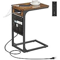 C Shaped End Table with Charging Station, Side Table with 2 USB Ports and Outlets, C-Shaped Snack Table with Cloth Bag, TV Tray Table, Couch Table TB01BB024