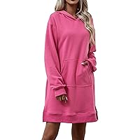 Women's Solid Color Fashion Hooded Long Sleeve Pocket Slit Casual Hoodie Dress Sundress Short