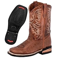 Kids Chedron Western Cowboy Boots Real Leather Square Toe Pull On