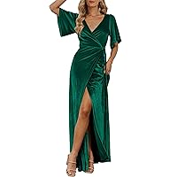 MEROKEETY Women's V Neck Wrap Velvet Maxi Dress Bell Sleeve Split Bridesmaid Cocktail Party Dresses