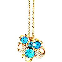 Gold Tone Necklace & Stud Earring Jewelry Set With Cat / Kitten Design Blue Black & Clear Crystals