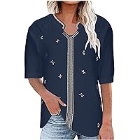 Summer Peasant T-Shirts Women Embroidered Pattern Casual Blouses Notch V Neck Short Sleeve Loose Fit Pullover Tops