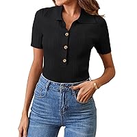 MEROKEETY Women's Short Sleeve V Neck Ribbed Knit T Shirts Summer Fitted Polo Work Casual Basic Tops
