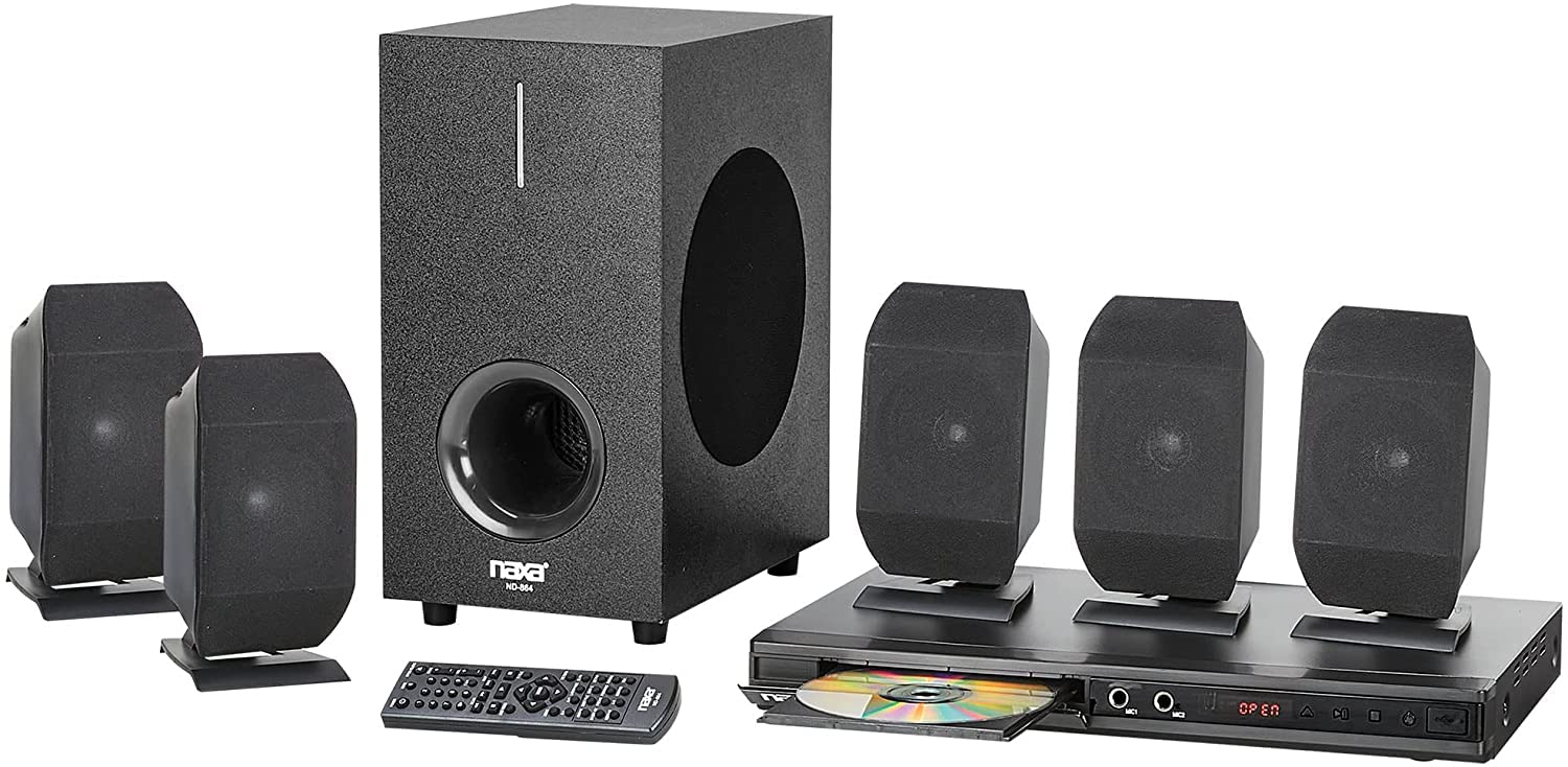 Naxa ND-864 5.1 Channel High-Powered Home Theater DVD and Karaoke Speaker Surround Sound System, Black