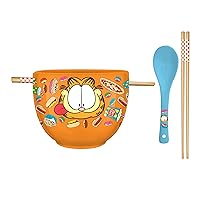 Silver Buffalo Garfield Hungry Junk Food Ceramic Ramen Noodle Rice Bowl with Chopsticks and Spoon, Microwave Safe, 20 Ounces