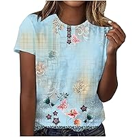 Womens T Shirts Short Sleeve Floral Print Casual Loose Summer Tops 2024 Fashion Crew Neck Tunic T-Shirts Pullover Blouses