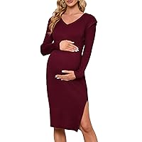 KOJOOIN Women's Maternity V Neck Sweater Dress Rib Knit Long Sleeve Bodycon Side Slit Midi Dress Fall Photoshoot Baby Shower Burgundy XL