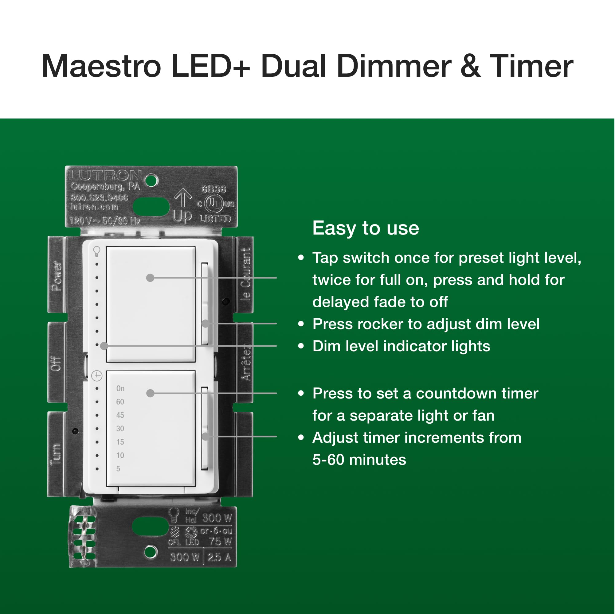 Lutron Maestro LED+ Dual Dimmer and Timer Switch | 75-Watt LED Bulbs/2.5A Fans, Single-Pole | MACL-L3T251-WH | White