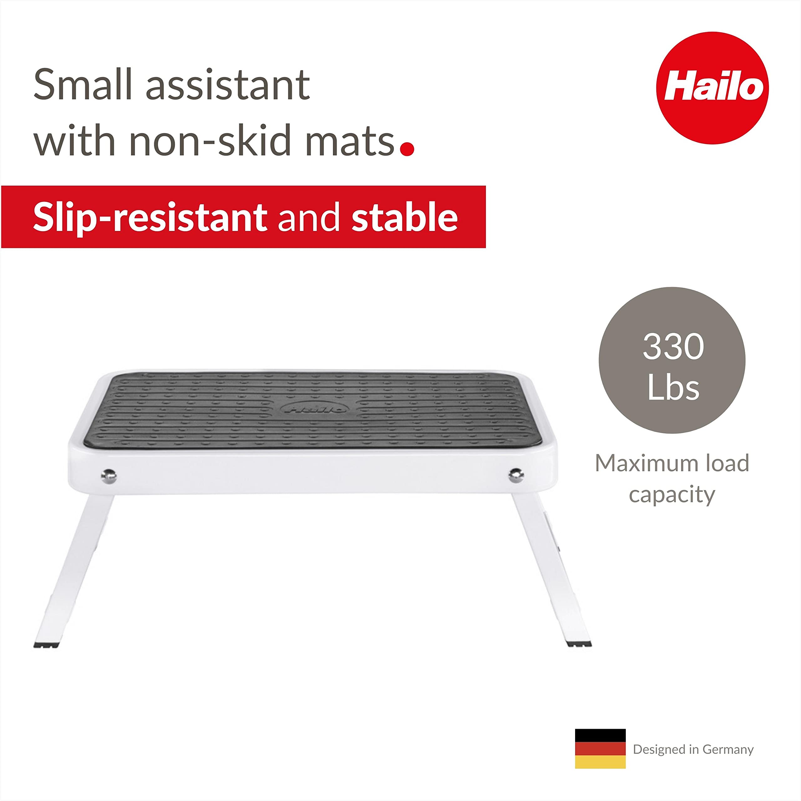 Hailo OneStep | Steel step | One large step with non-skid mat | Folding safety mechanism with unlocking button | Easy storage | Lightweight | White