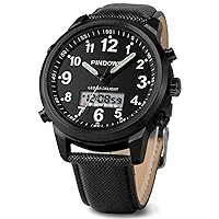 PINDOWS Mens Watches, Men's Military Digital Watches Analog Quartz Waterproof Watch Sport Multifunction Heavy Duty Outdoor Watches for Men, Alarm Stopwatch, Silicone/Leather Band.