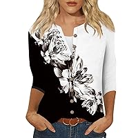 Prime Shopping Online, Lightweight Cardigans for Women Summer Trendy Floral Printed Button Down Shirt 3/4 Sleeve Fall Fashion Plus Size Tops Dressy Casual Blouses Comfy Clothes(H Gray,3X-Large)