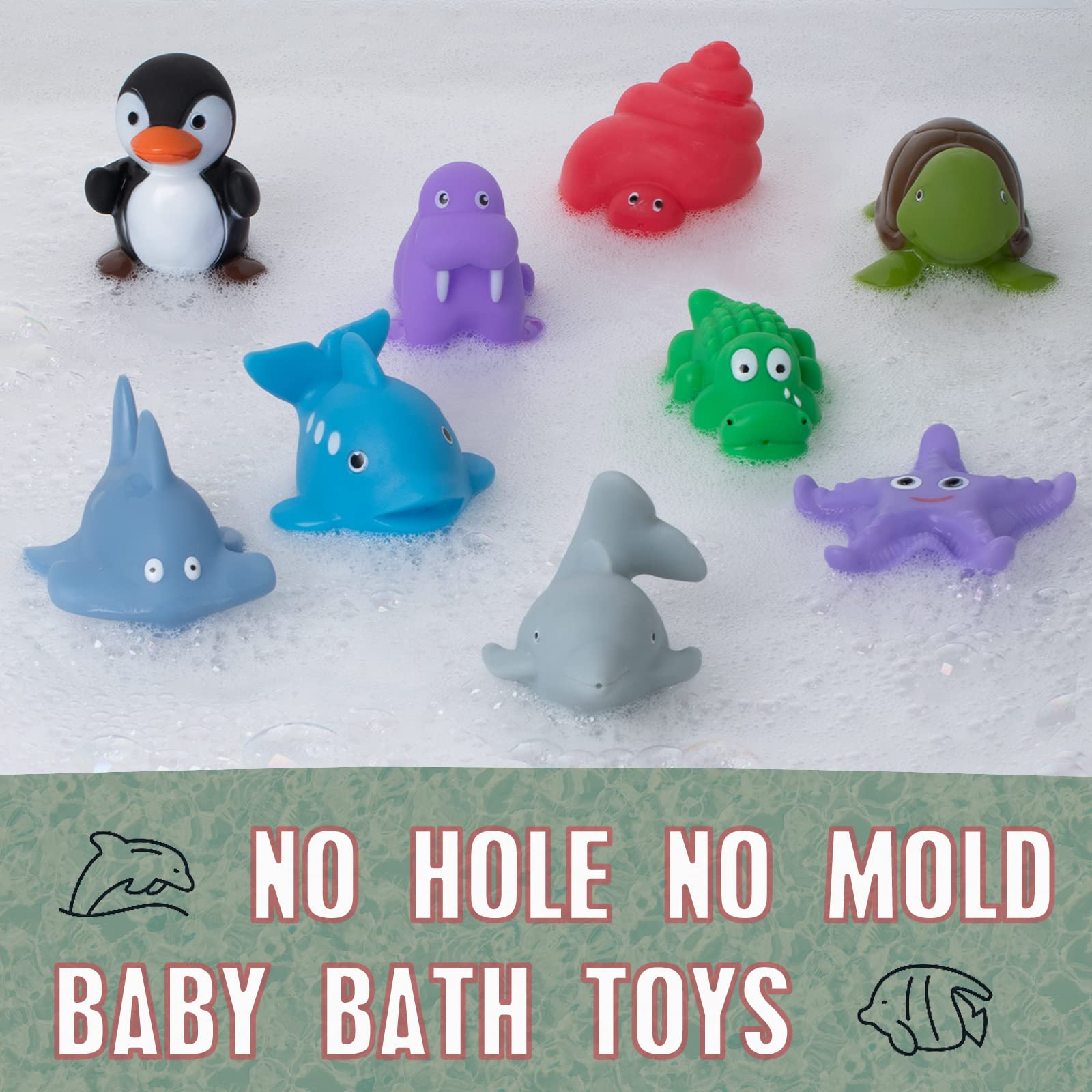 Mold Free Ocean Bath Toys for Toddlers/ Infants 6 - 12- 18 Months, No Hole No Mold Bathtub Toys, 1 2 3 4 Years Old Kids (9 Pcs Ocean Animals with Mesh Bag)
