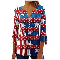 Ladies 4Th of July Shirts Women American Flag Patriotic 3/4 Sleeve Shirt Independence Day Crewneck Cute Tunic Tops