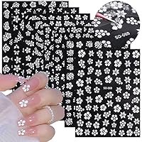 Floral Nail Stickers for Nail Art - White Flower Nail Decals 3D Self-Adhesive Nail Art Supplies White Cheery Blossom Flowers Nail Designs Manicure DIY Flower Nails Decorations for Women 8 Sheets