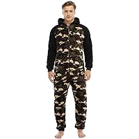 Men's Warm Fleece One Piece Pajamas Onesie Hood Jumpsuit Zip Front Tie Dye Plaid Thermal Union Suit Sleep Romper Sleepwear