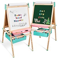 Art Easel for Kids Aged 4-8, Wooden Magnetic Chalkboard &Whiteboard,Height Adjustable Easel with Washable Trey & Basket, Easy to Assemble & No Tools Required, Gift and Art Supplies for Toddlers