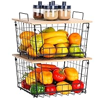HEOMU 2 Pack Fruit and Vegetable Basket with Wood Top, Stackable Kitchen Countertop Pantry Organizer, Wire Basket Storage Baskets for Countertop, Cabinet, Pantry, Kitchen, Black
