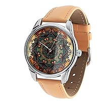 Gold Pattern Light-Brown Band Watch Unisex Wrist Watch, Quartz Analog Watch with Leather Band